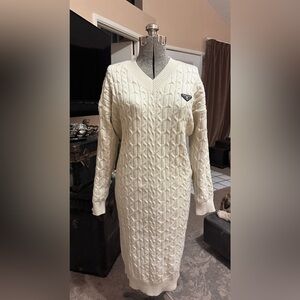 Prada Ivory Cable-Knit V-Neck Sweater Dress